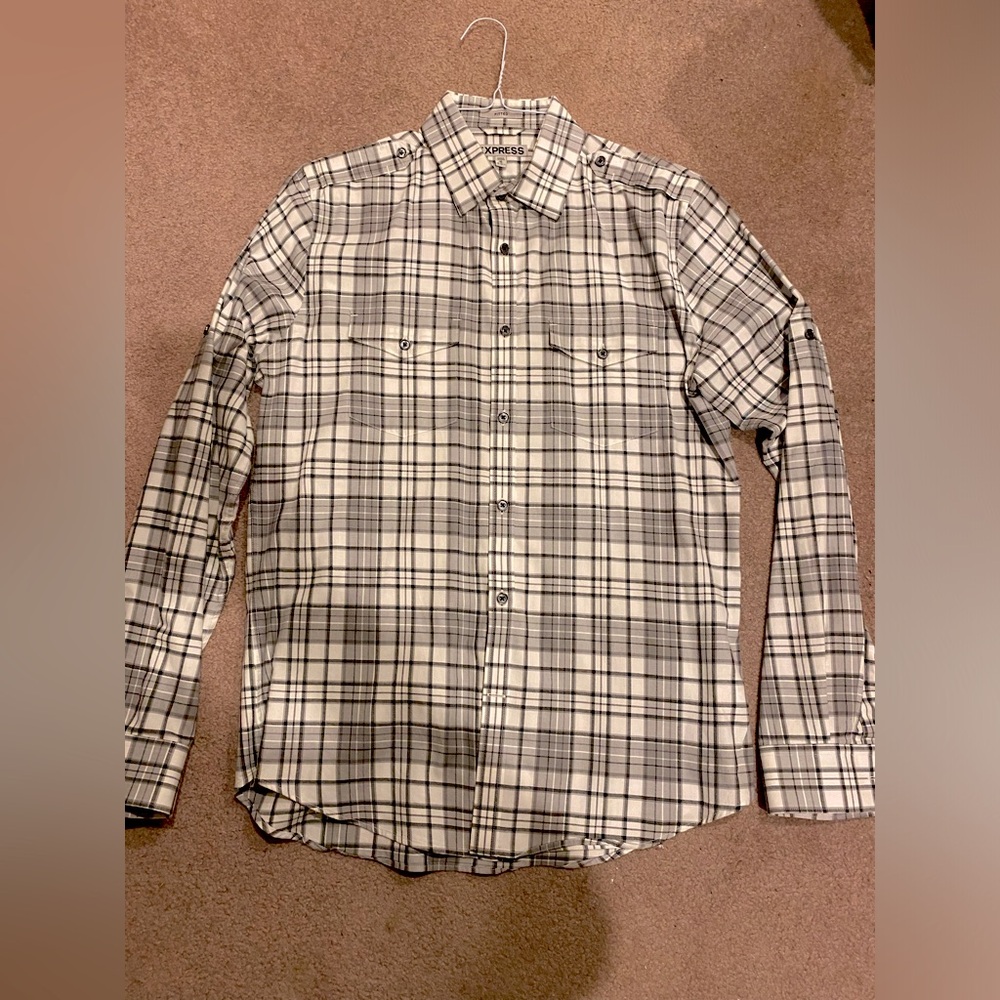 EXPRESS Men’s Grey White & Black Shirt - Size M